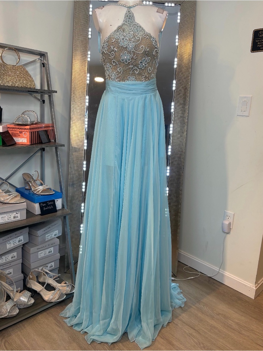 Tarik Ediz Light Blue Beaded Halter Prom Gown